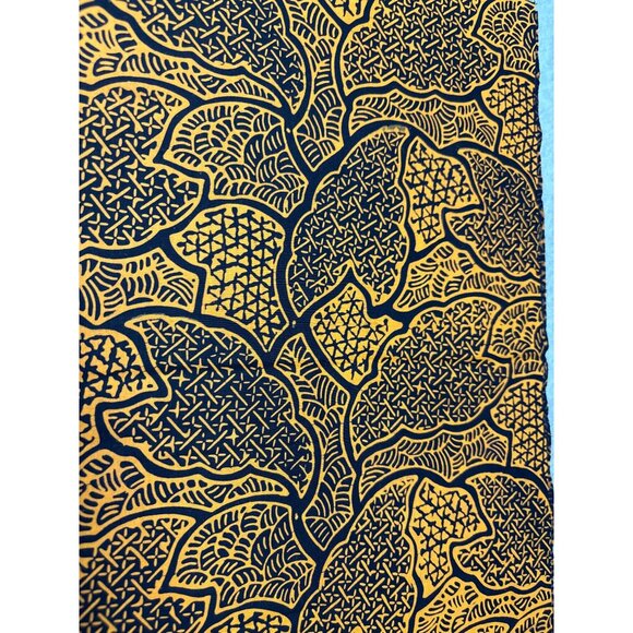 Handmade Batik Fabric 18x20 Inches Navy & Yellow Leaf Pattern Cotton Sewing & Cr - Picture 1 of 5